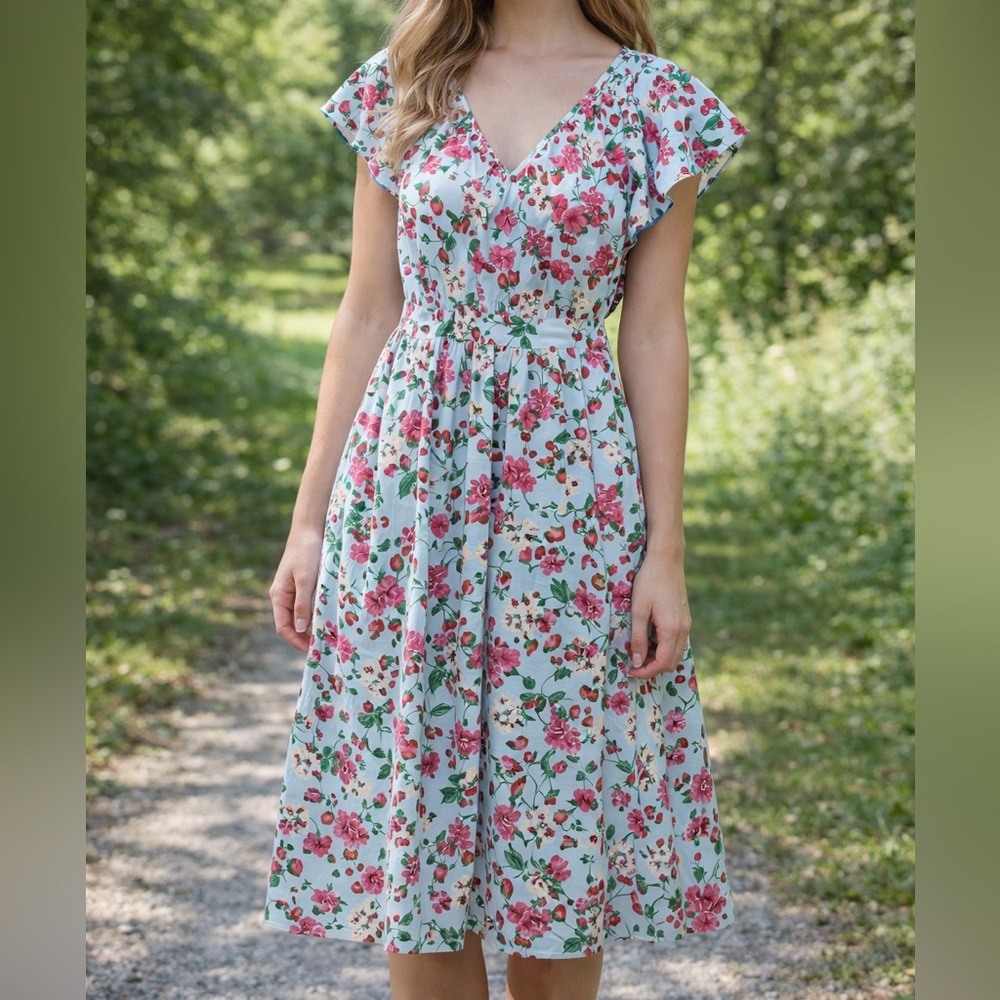 Ann Tylor blue strawberry floral print ruffle midi dress